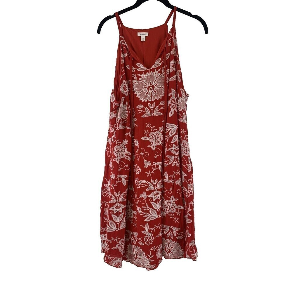 Westport Halter Dress Red Floral Embroidered Short Swing Drawstring Womens 2X